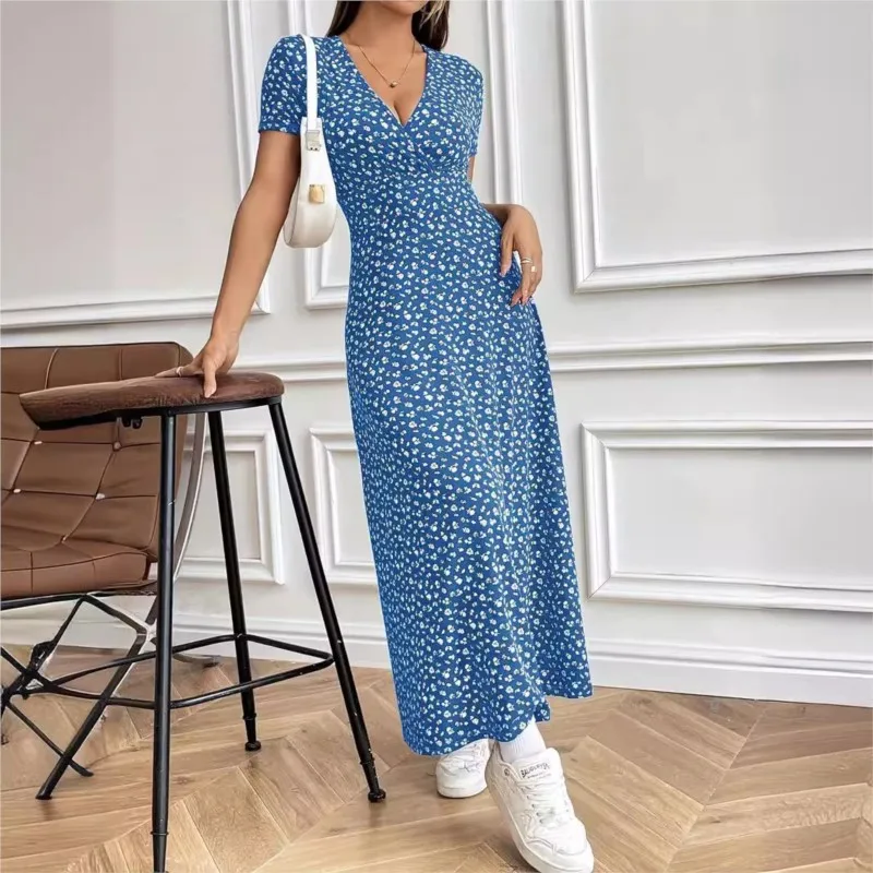 Elegant Women's Fashionable Small Floral V-neck Mid Length Dress Spring And Summer Women's Printed Short Sleeved Casual Dresses