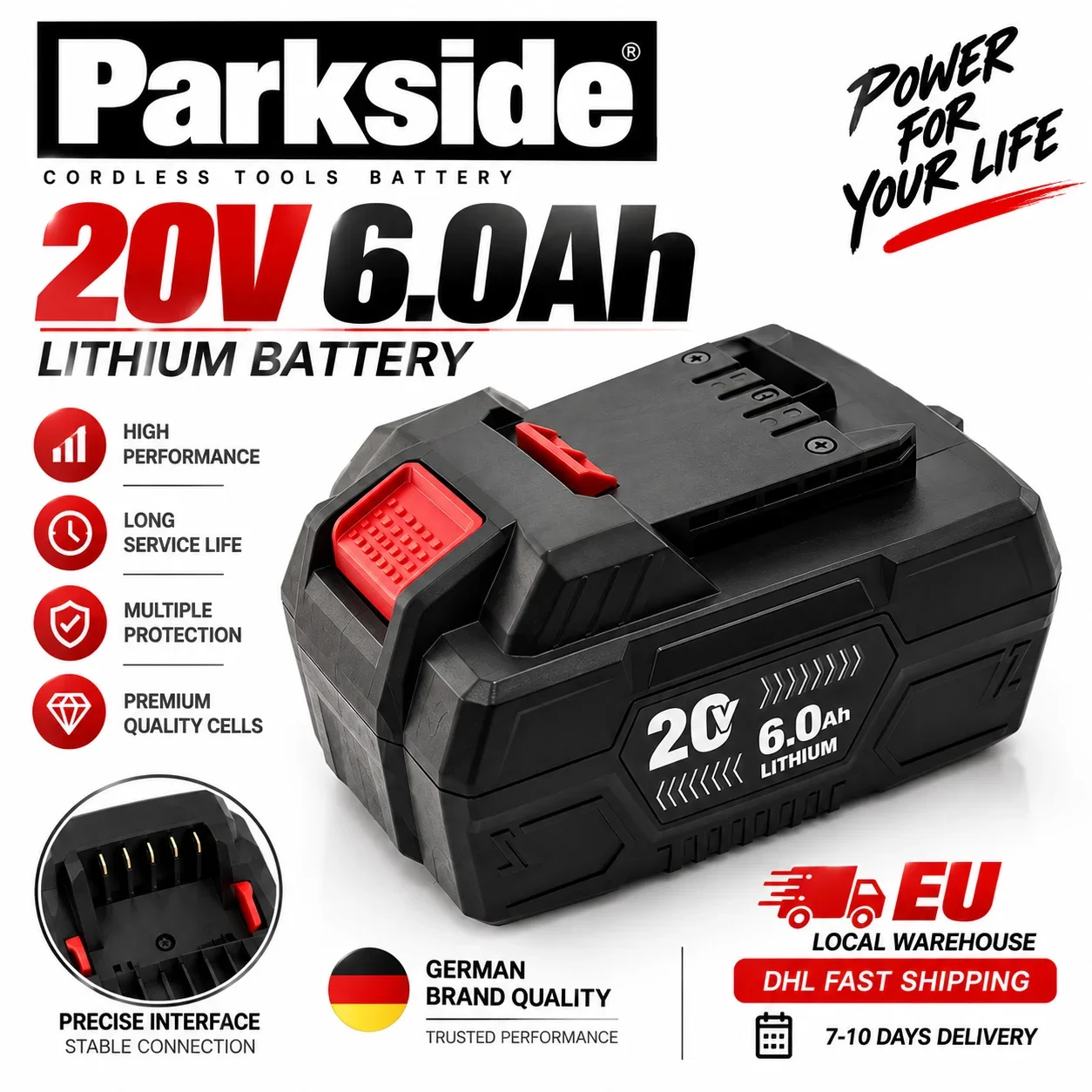 Batteria agli ioni di litio da 20V 6Ah per Parkside, batteria ad alta potenza, spedizione rapida tramite DHL da magazzino locale in UE