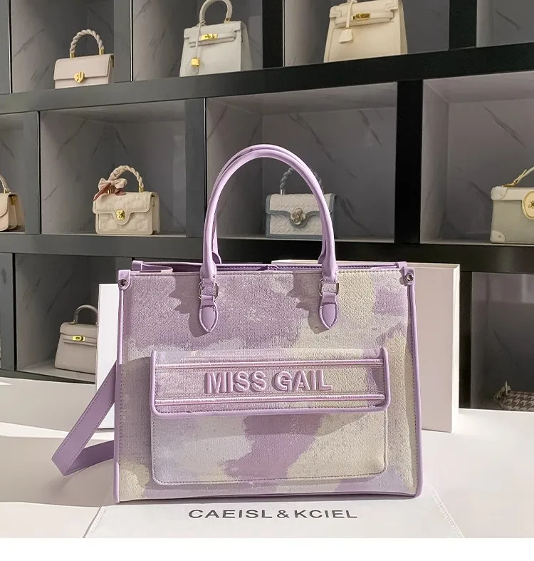 

Fashion TieDye Pink Casual Tote Bag Large Capacity Embroidery Women Handbag High Quality Textured Shoulder Messenger Bag