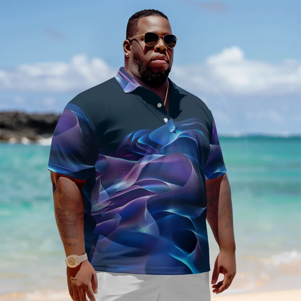 

1 men's plus size polo shirt with summer purple blue wave print casual lapel button suitable for shopping and golf
