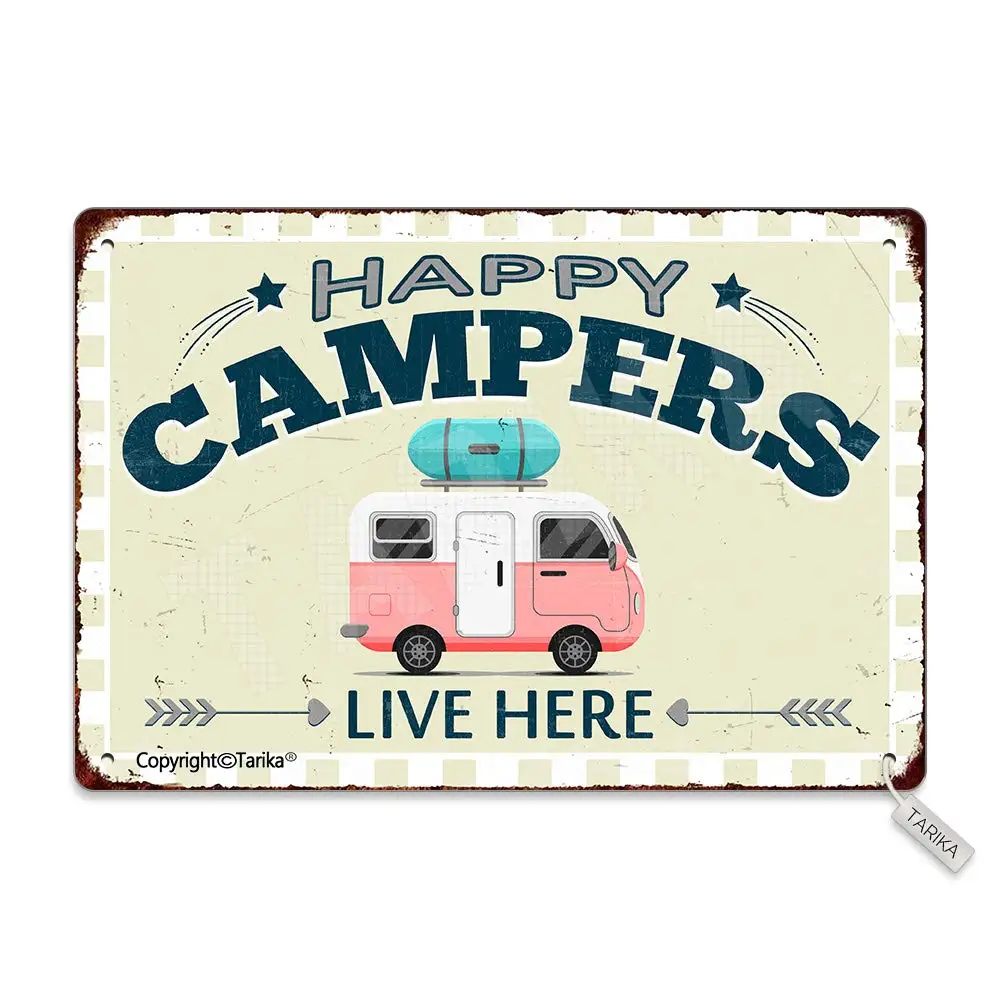 Happy Campers Live Here Retro Look Metal 8X12 Inch Decoration Plaque Sign for Home Kitchen Bathroom Farm Garden Garage Inspirati