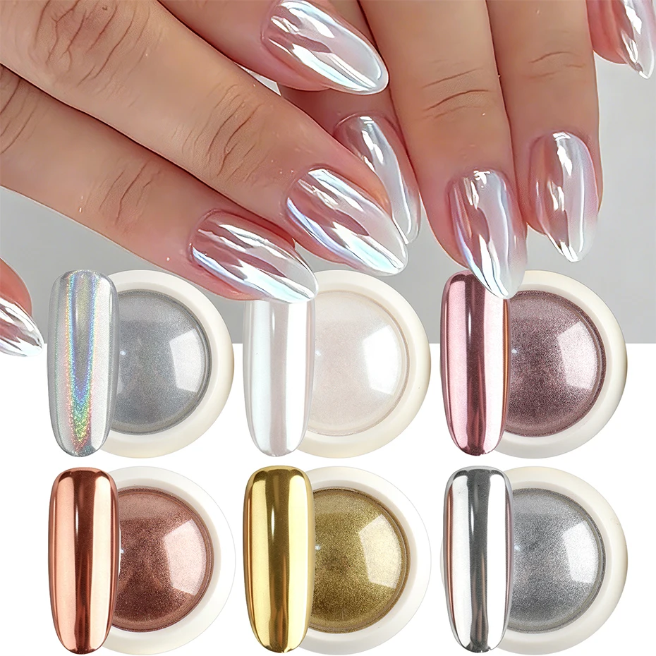 6 Boxes Mirror Chrome Nail Powder Metallic Holographic Silver Gold Pigment Dust Nail Art Glitter Powder Manicure Decoration