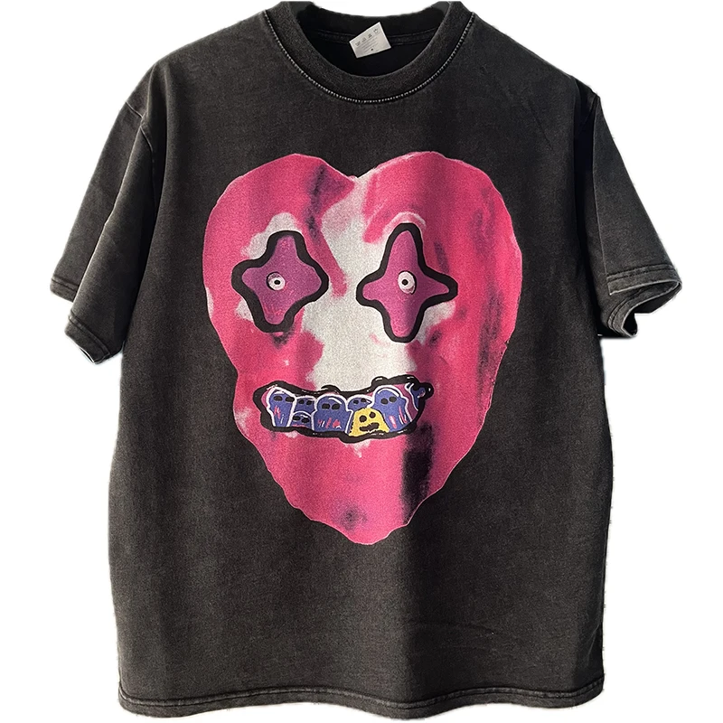 Men Hip Hop Washed T-Shirt Streetwear Funny Heart Monster Print T Shirt Harajuku Short Sleeve Tops Cotton Casual Tshirt