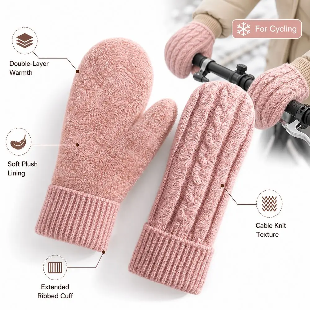 New Knitted Winter Mittens Double Layer Cable Knit Knit Mittens Wind Resistant Lined Padded Fingerless Gloves For Women