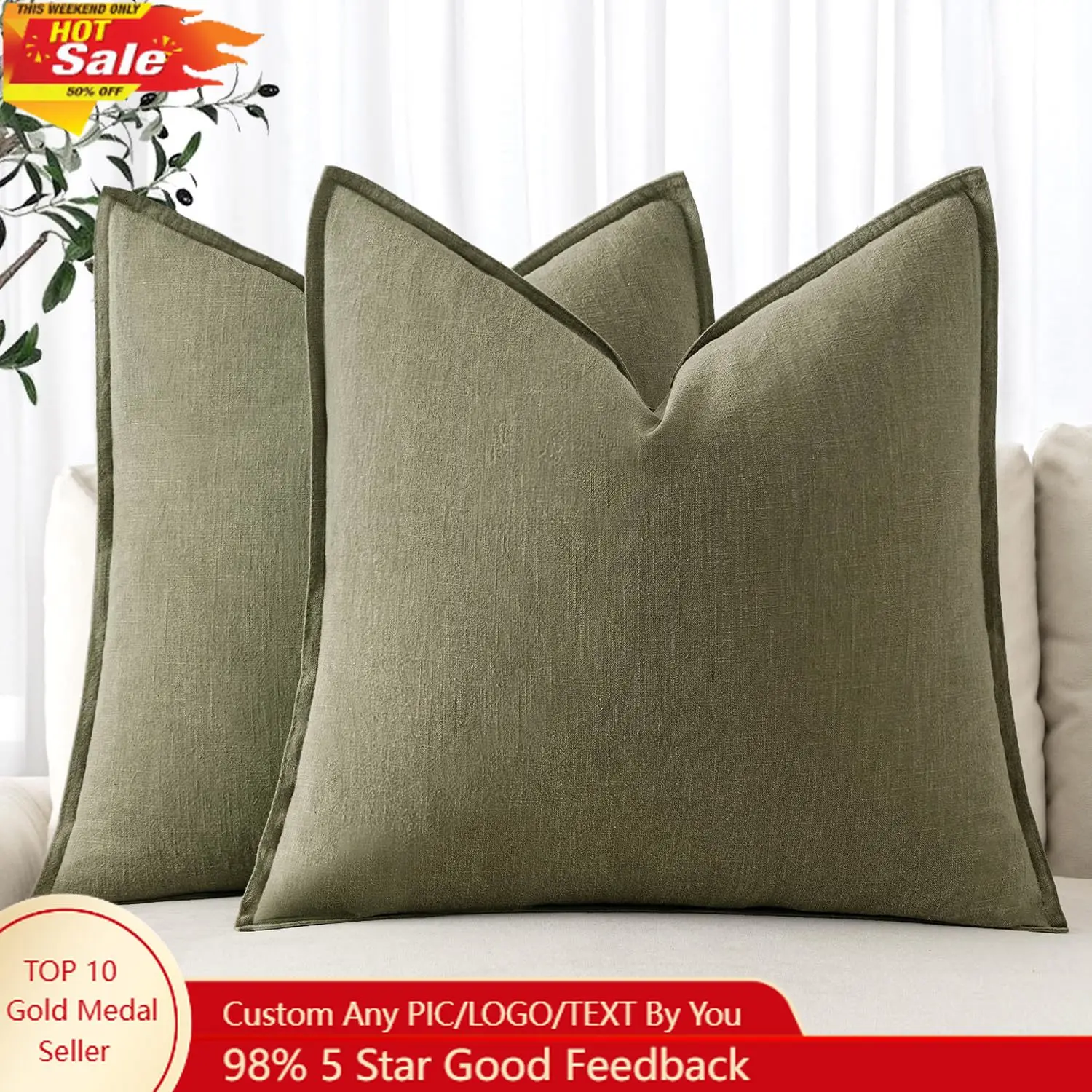 

MIULEE Decorative Linen Euro Sham Pillow Covers 24x24 Natural Beige Boho Farmhouse Neutral Christmas Couch Throw Pillows for Bed