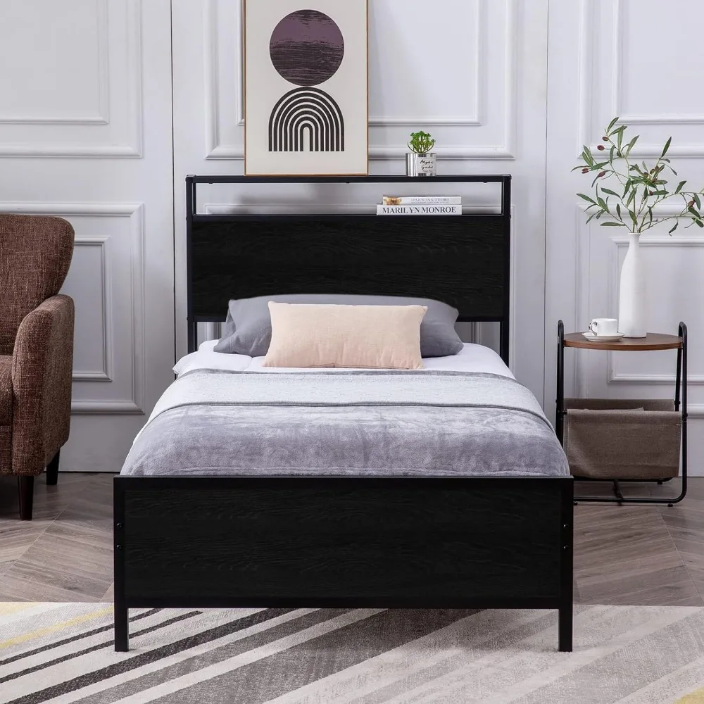 GAZHOME Twin Bed Frame, Platform Bed with 2-Tier Storage Headboard, Solid and Stable, Noise Free, No Box Spring Needed, Easy