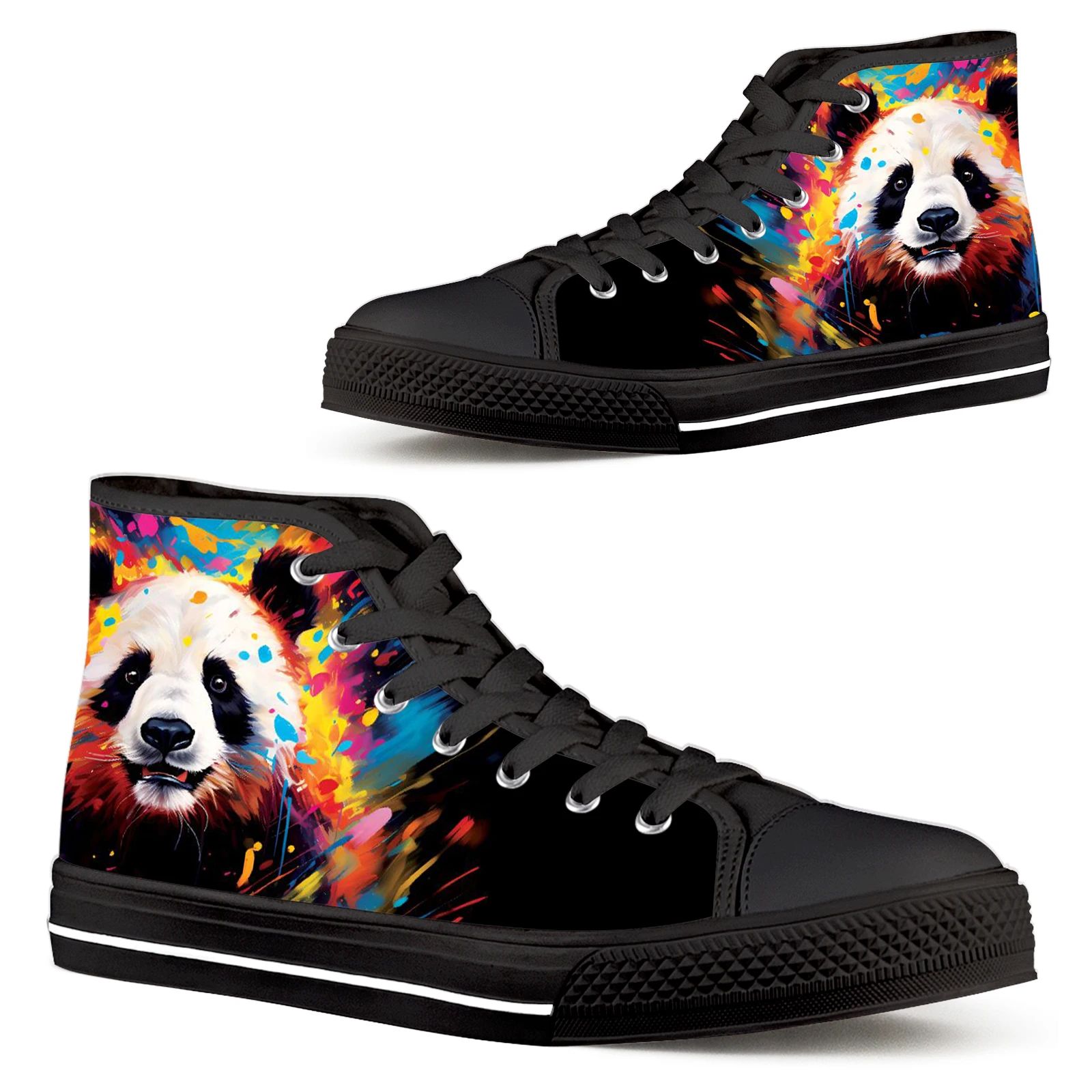 ELVISWORDS 3D Cartoon Panda Women's Canvas Shoes Colorful Art Oil Paint Printed Shoes Black Comfortable Casual Walking Shoes