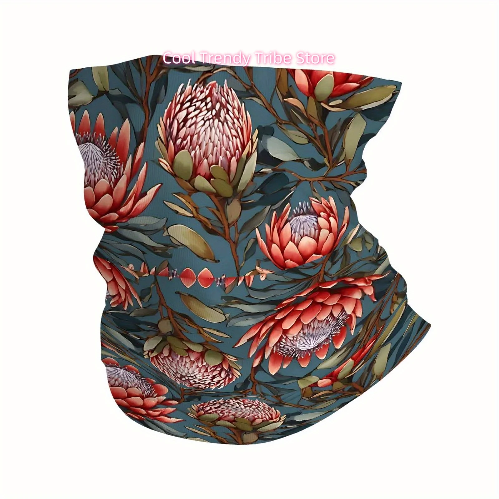 cachecol-e-protetor-de-pescoco-multifuncional-masculino-e-feminino-estampa-floral-vibrante-de-protea-em-fundo-verde-Agua-leve-e-respiravel