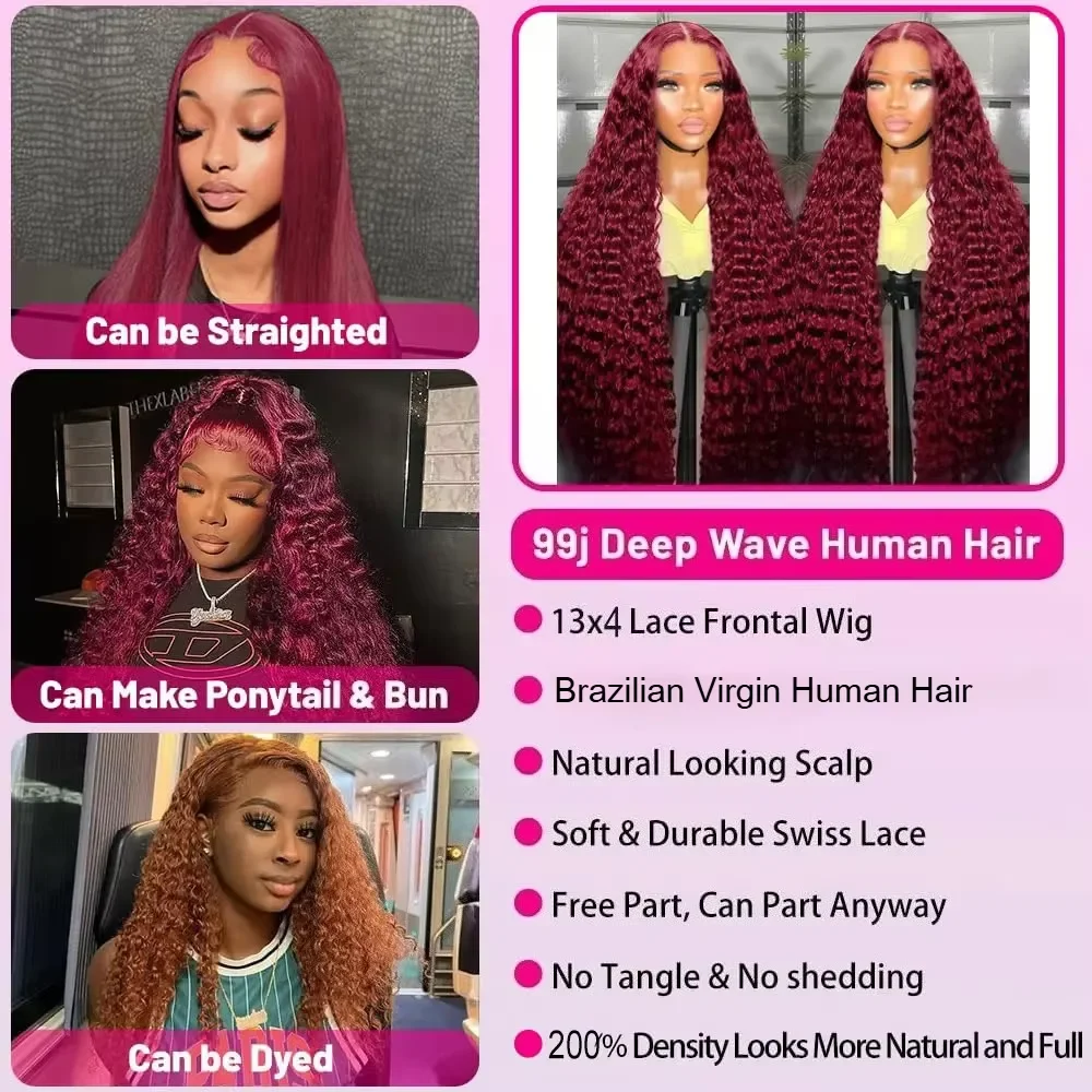 99J Burgundy Curly Lace Frontal Wig 200 Density 13x4 HD Lace Front Wigs Human Hair Red Wine 30 32 Inch Deep Wave Brazilian Wig