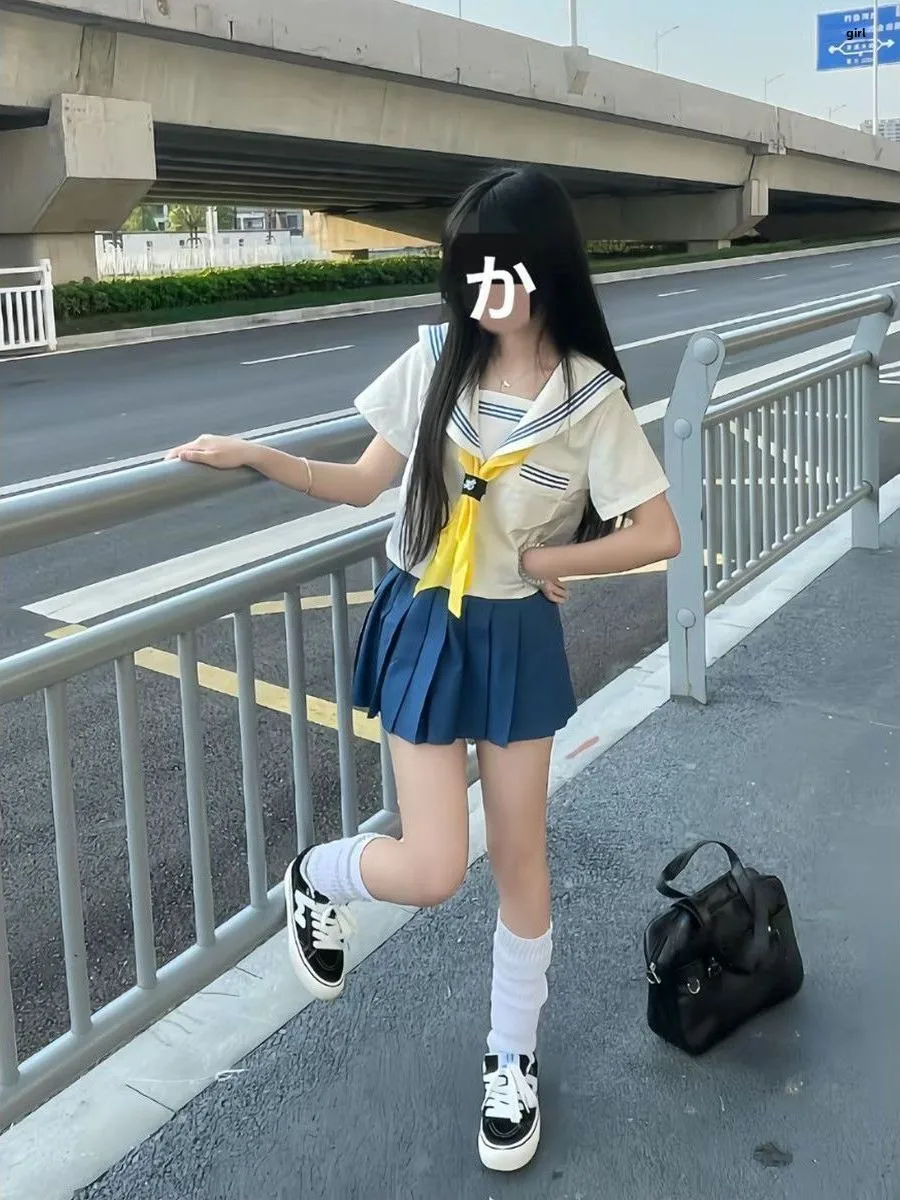 Original Design Soft Girl JK Uniform Short Sleeve Traditional School Uniform Blue Three Books Summer Fashion Set for Teens