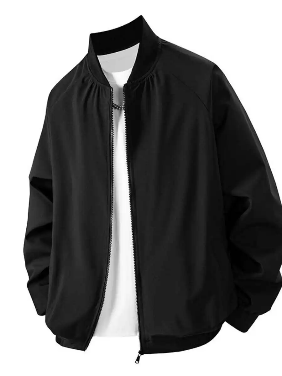 

Pure Color Baseball Collar Pilot Jaet Men's Youth Casual Faion Versatile Baseball Outfit Coat Loose Fit Turn-down Hem