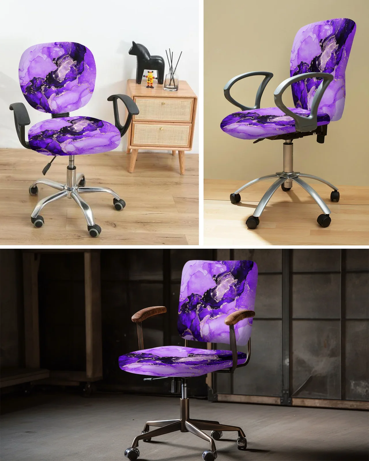 Marble Texture Purple Elastic Armchair Computer Chair Cover Stretch Removable Office Chair Slipcover Split Seat Covers