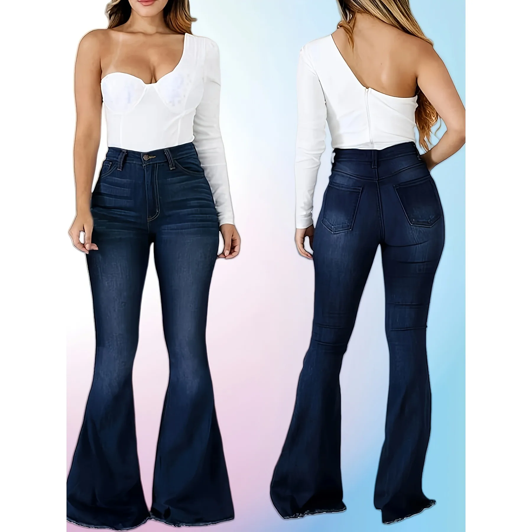 

Джинсы-колокольчики с высокой талией, женские повседневные джинсы с подтяжкой ягодиц, новинка 2025 года, трансграничные джинсы Queen's Wind с низкой талией из искусственной ткани