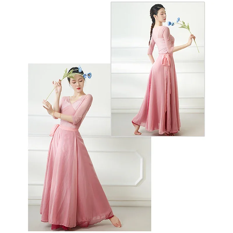 Gradual Color Dance Costume Dress with Fairy Gauze Tops Lady Elegant Mesh Tops Chiffon Flowing Double Layer Large Swing Skirts