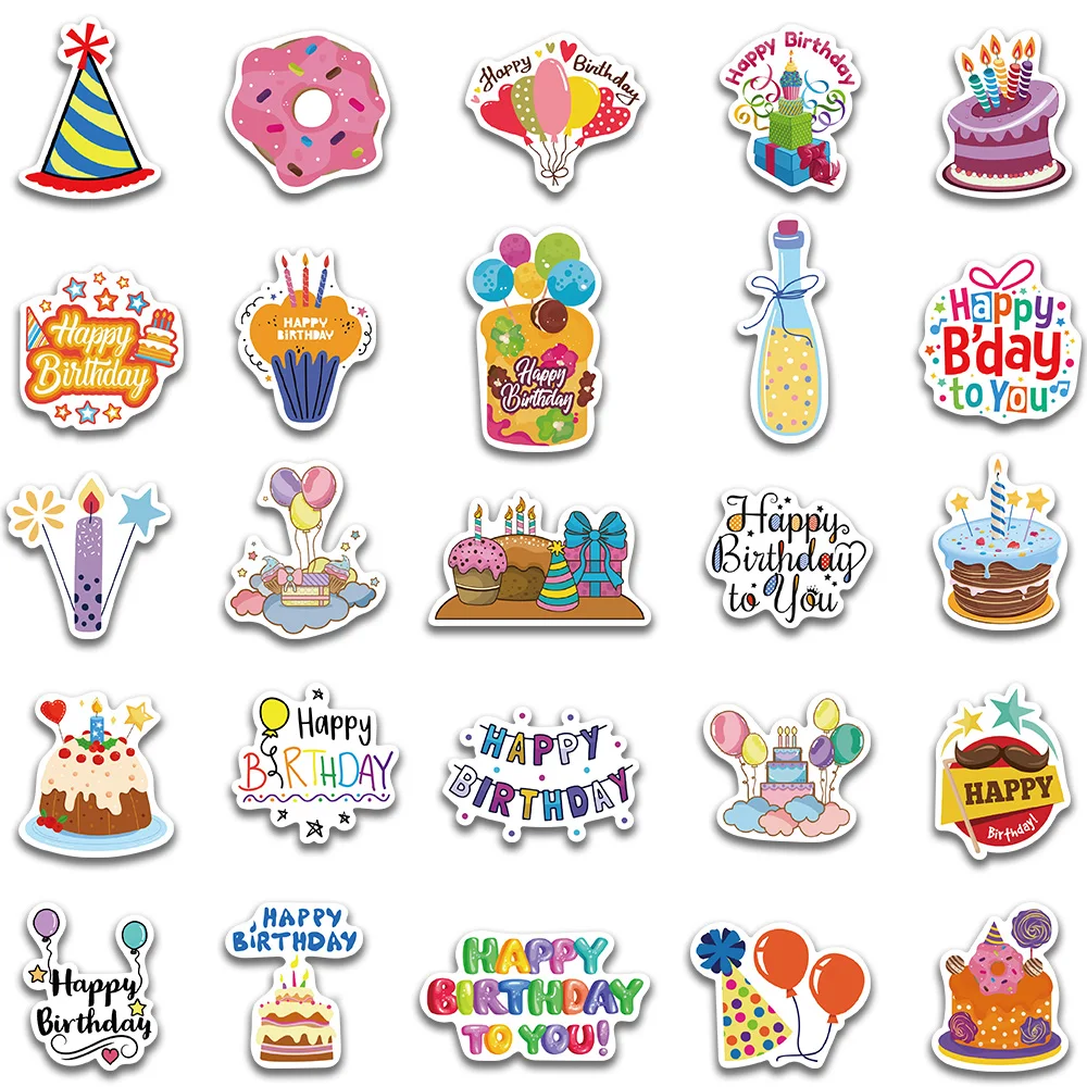 50pcs Cute Cartoon Happy Birthday Stickers For Laptop Luggage Phone Cup Waterproof Graffiti Skateboard Car Decals Kids Toy