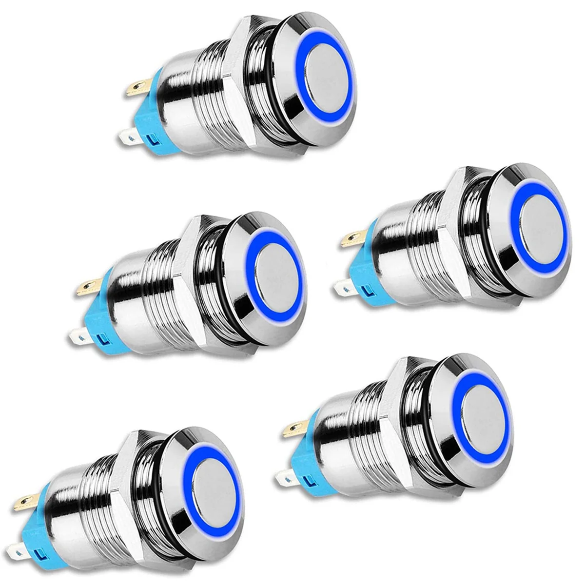 5 Stuks 12Mm Vergrendeling Drukknop Schakelaar Hoge Ronde Dop, Waterdichte Metalen Drukknop Schakelaar Met 12V/24V Blauw Licht