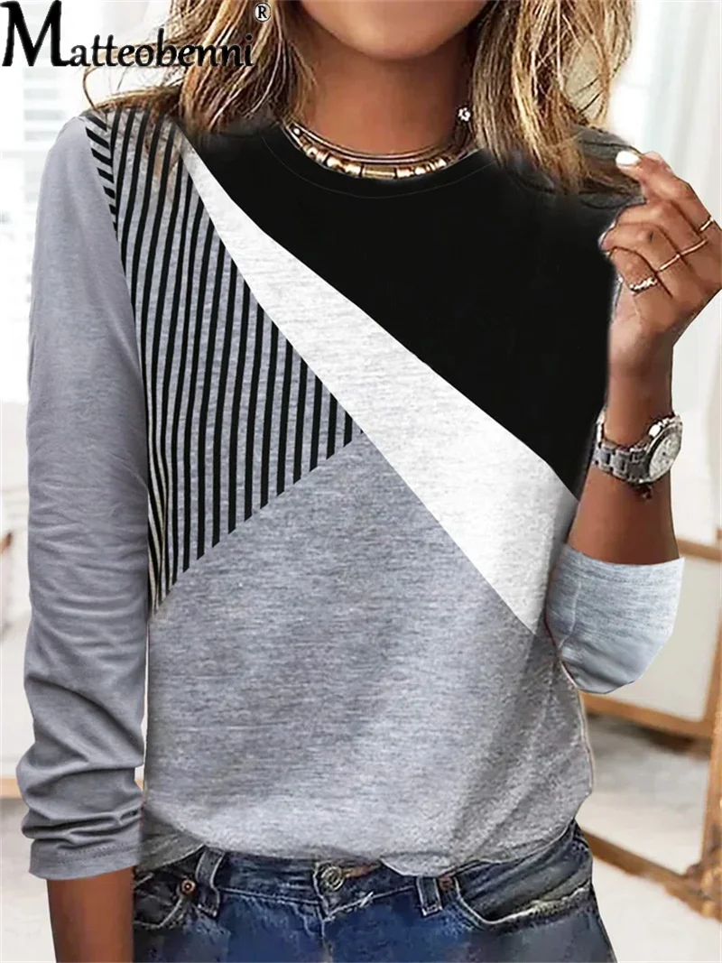 

Elegant Geometry Stripes Print Long Sleeves Tees Women O Neck Pullover T-shirt 2022 Autumn Winter Pliant Comfortable Casual Top