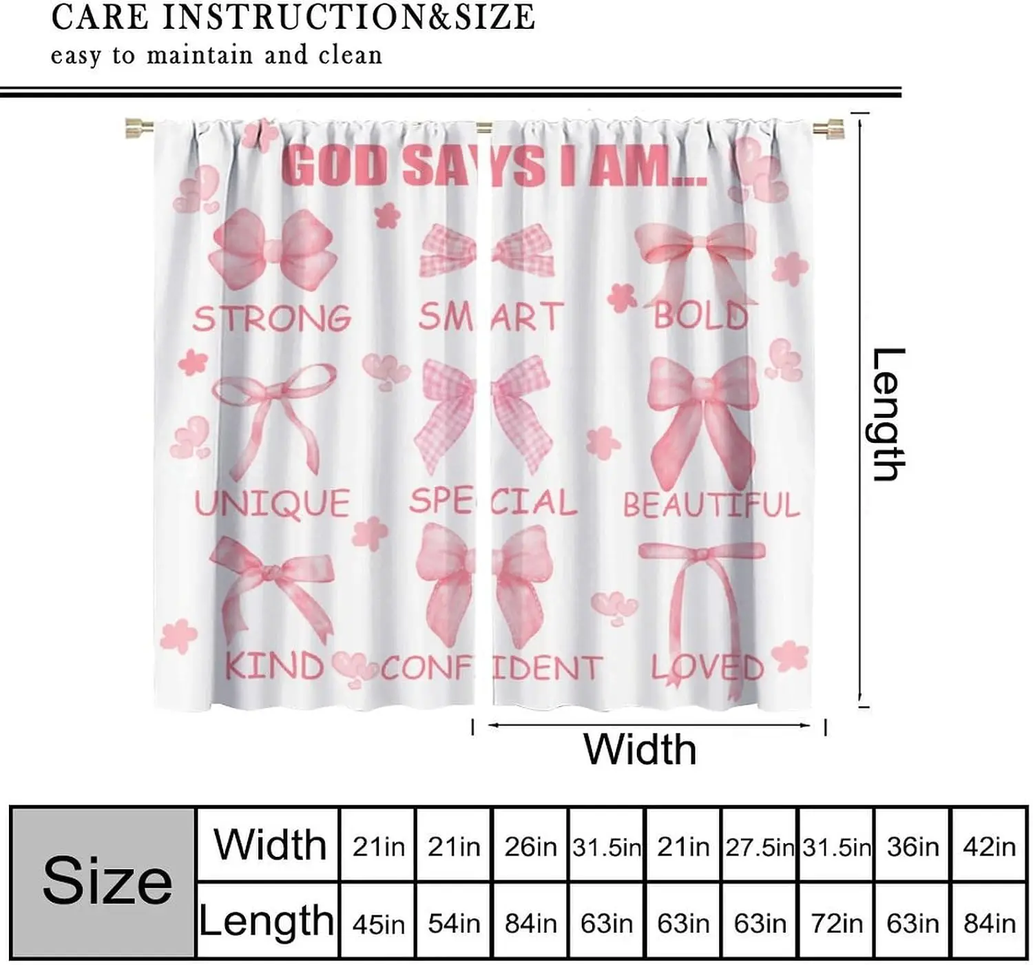 Pink Bow Inspirational Text Heart Blackout Rod Pocket Curtain Positive Quote Decor Girls Homestay Bedroom Rest Bay Window