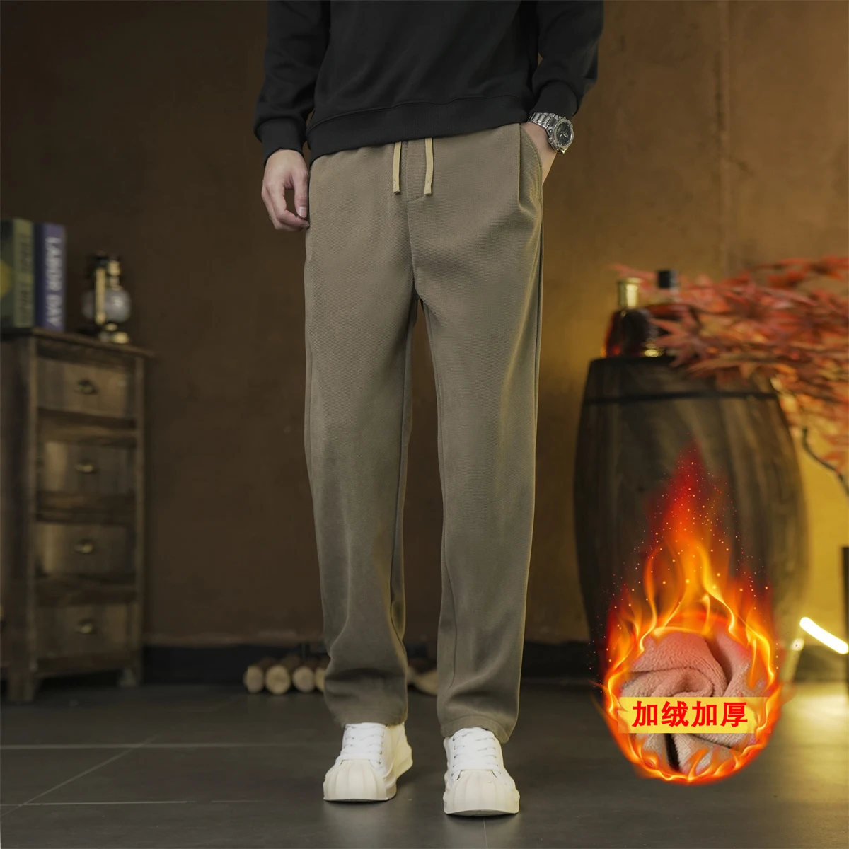 

Men's Fleece Lined Pants Autumn/Winter Corn Kernel Boao Velvet Thick Warm Pants for Men Fashion Loose Straight Tube Trousers
