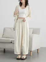 CHIC VEN femmes blanc pantalon solide décontracté taille élastique taille haute plissé jambe large femme pantalon pli été 2025 vêtements 3