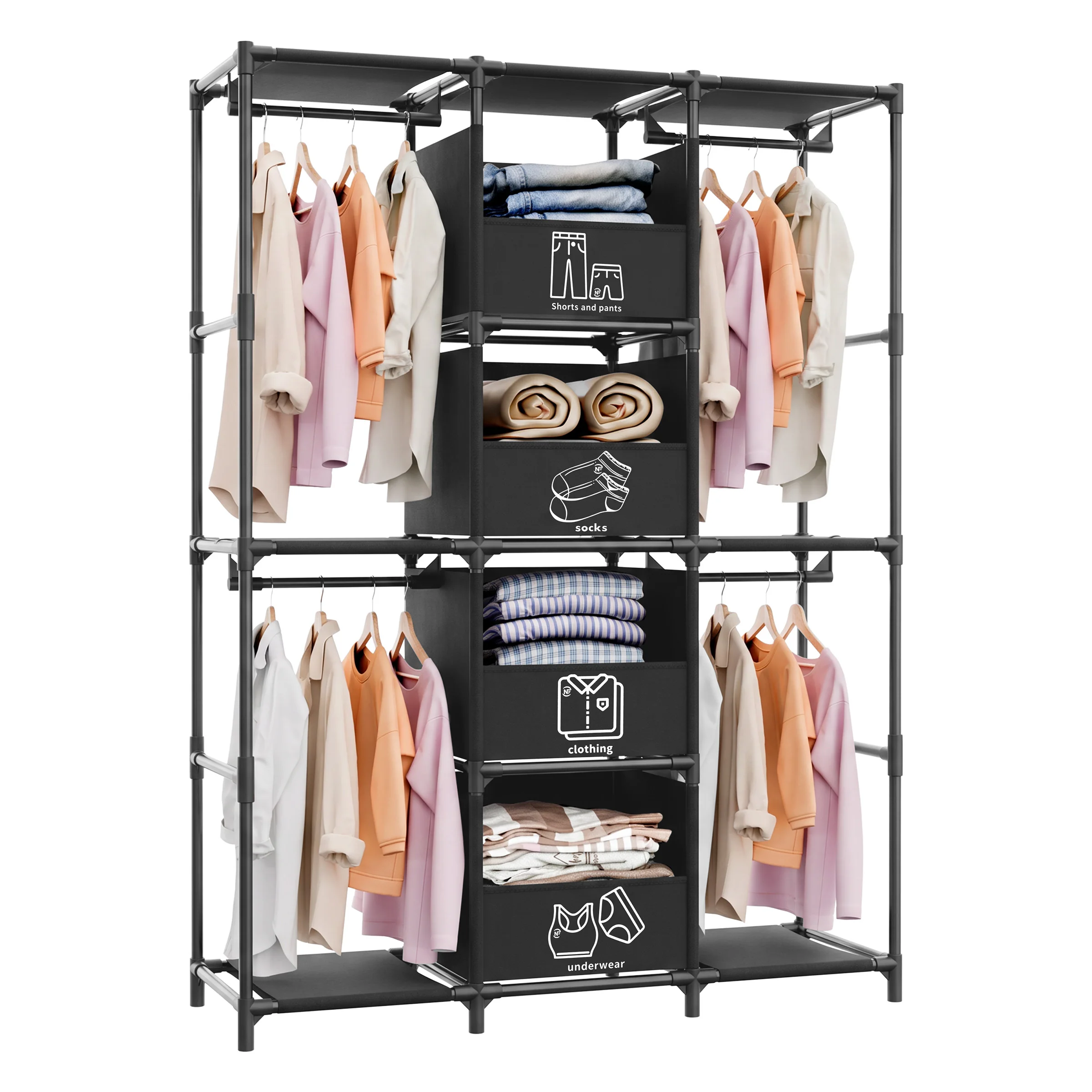 67" Freestanding Wardrobe Closet Dustproof Hanging Rods & Drawers Multi-layer Tall Heavy Duty Large Capacity Storage Rack Organizer Tool-Free Assembly for Bedroom Dorm Apartment