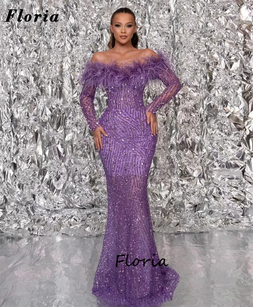 Purple Boat Neck Formal Prom Dresses Long Sleeve Middle East Mermaid Sequins Party Dress For Weddings Dubai Couture Evening Gown