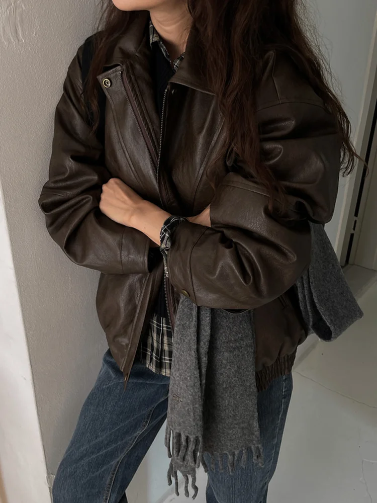 أوائل الخريف الحصري الرجعية Sli بو الجلود Jaet تصميم سستة طوق معطف فضفاض ملابس خارجية معطف السيدات Faionable #1