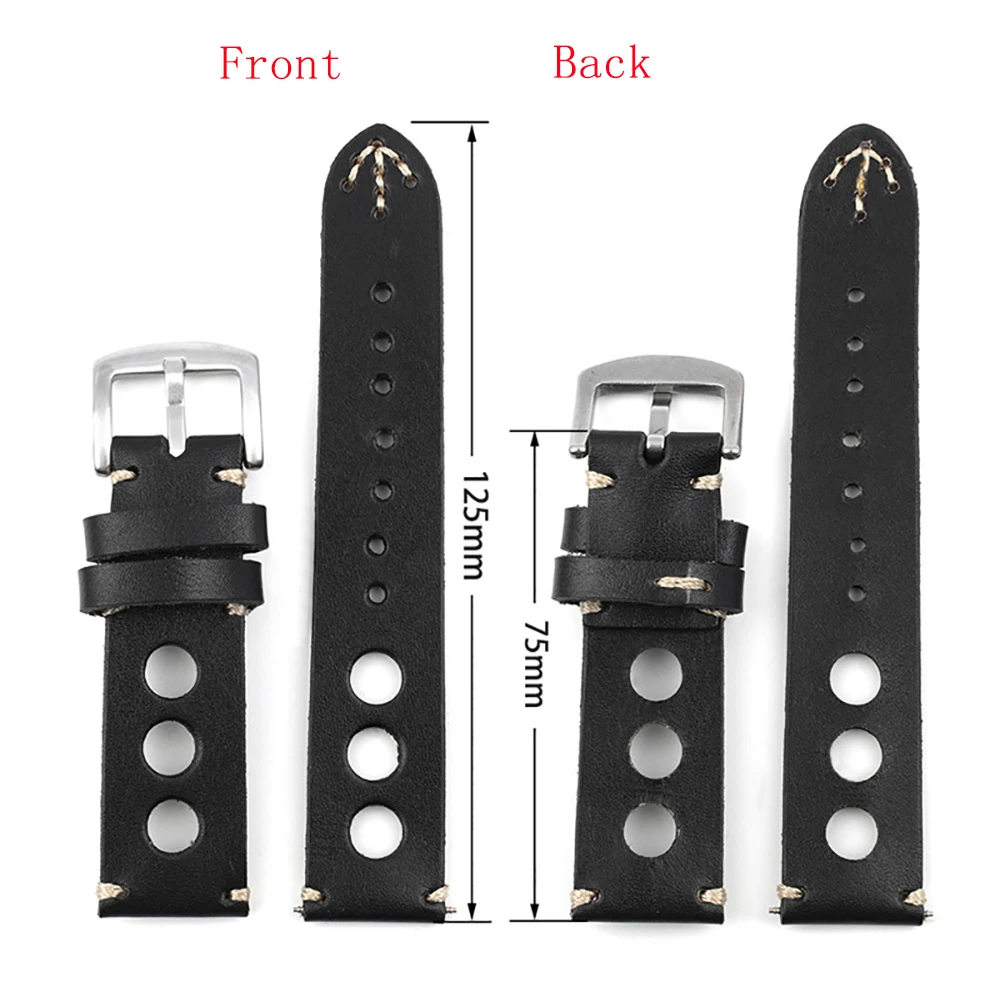 Leather Hand Stitching Black Watchband 18mm 22mm 24mm Cowhide Breathable Hole Strap Sport Wristband Men Business Watch Band