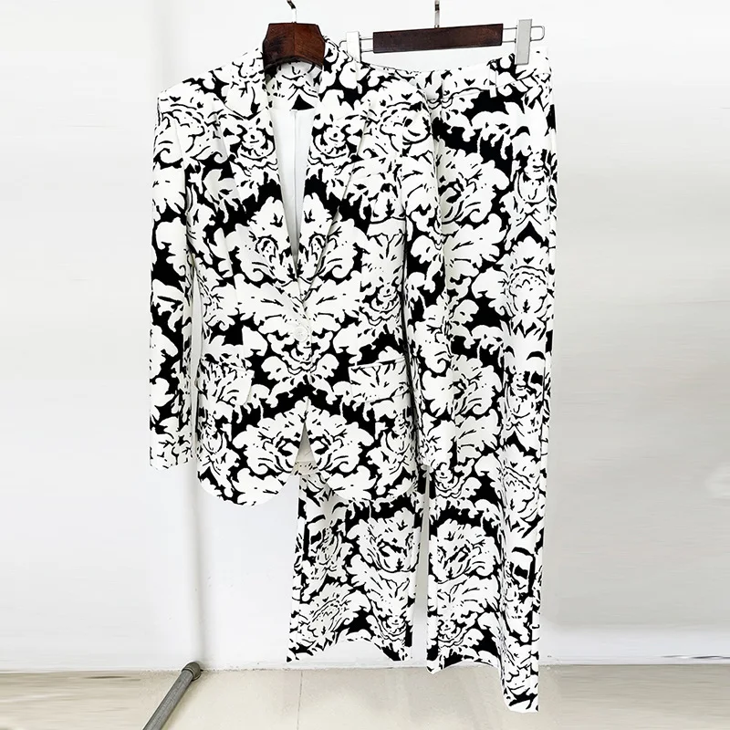 Conjunto de traje de 2 piezas para mujer, Blazer y pantalones con estampado de flores, chaqueta Formal de oficina, abrigo de negocios de un solo pecho, blanco y negro