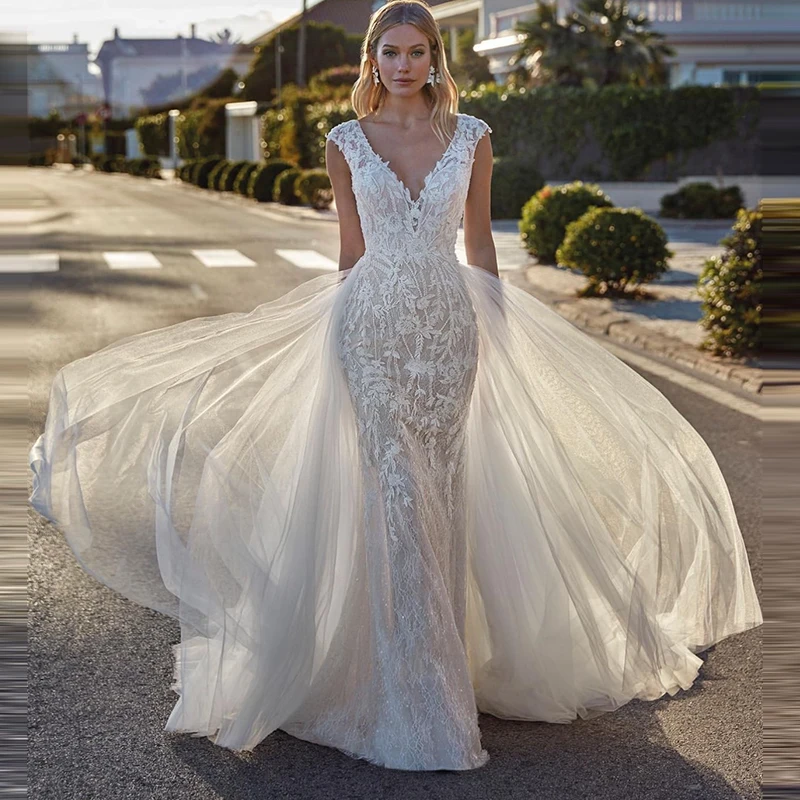 

Elegant Detachable 2 In 1 Wedding Dress Mermaid Embroidered Lace On Net With Sequins Ball Gown Sleeveless V-Neck Bride Backless