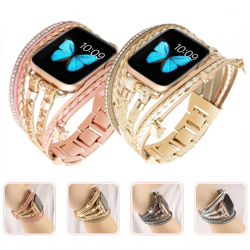

Metal+Leather Strap for Apple Watch 10 9 8 7 46mm 45mm 41mm Ultra2 49mm Women Jewelry Wristband for 6 5 4 SE44mm 42mm 40mm Belt