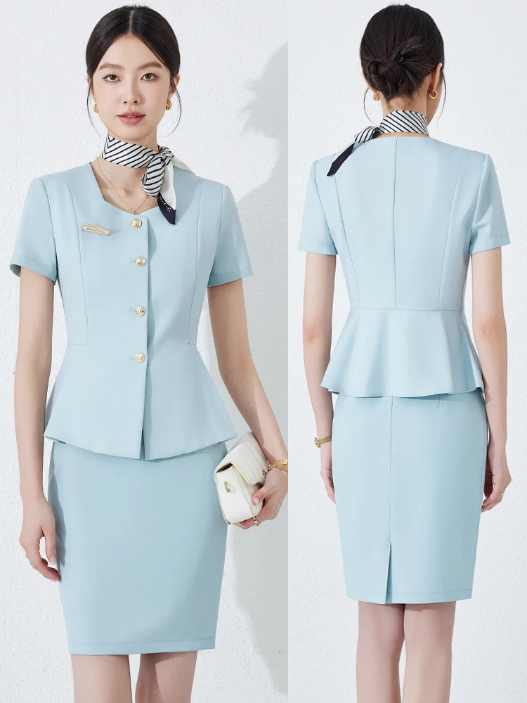 Light Blue Suit Set for Women Summer Beauty Salon Medical Aesthetics Jewellery Store Professional Work Uniform Short Sleeve