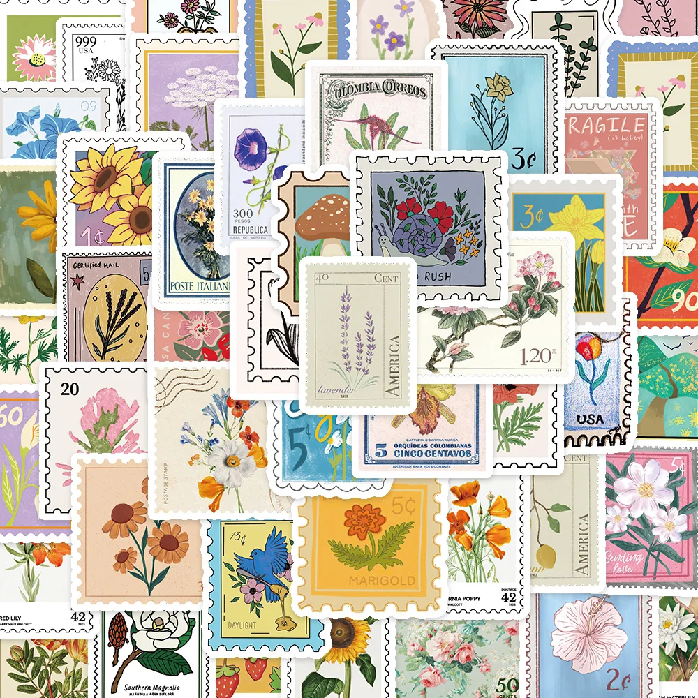 

50PCS Beautiful Flower Stamp Graffiti Sticker Aesthetic Sticker Envelopes Water Cup Guitar Diary Phone Laptop Waterproof Sticker