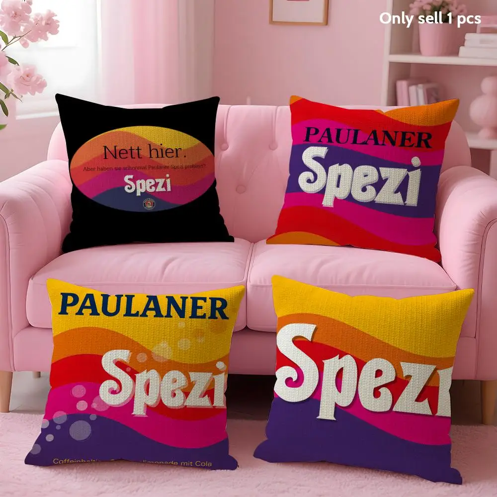 P-Paulaner Spezi Logo Cushion Cover Summer Coolness Linen Fabric Double-Sided Printing Pillow Case Sofa Home Decor Gift