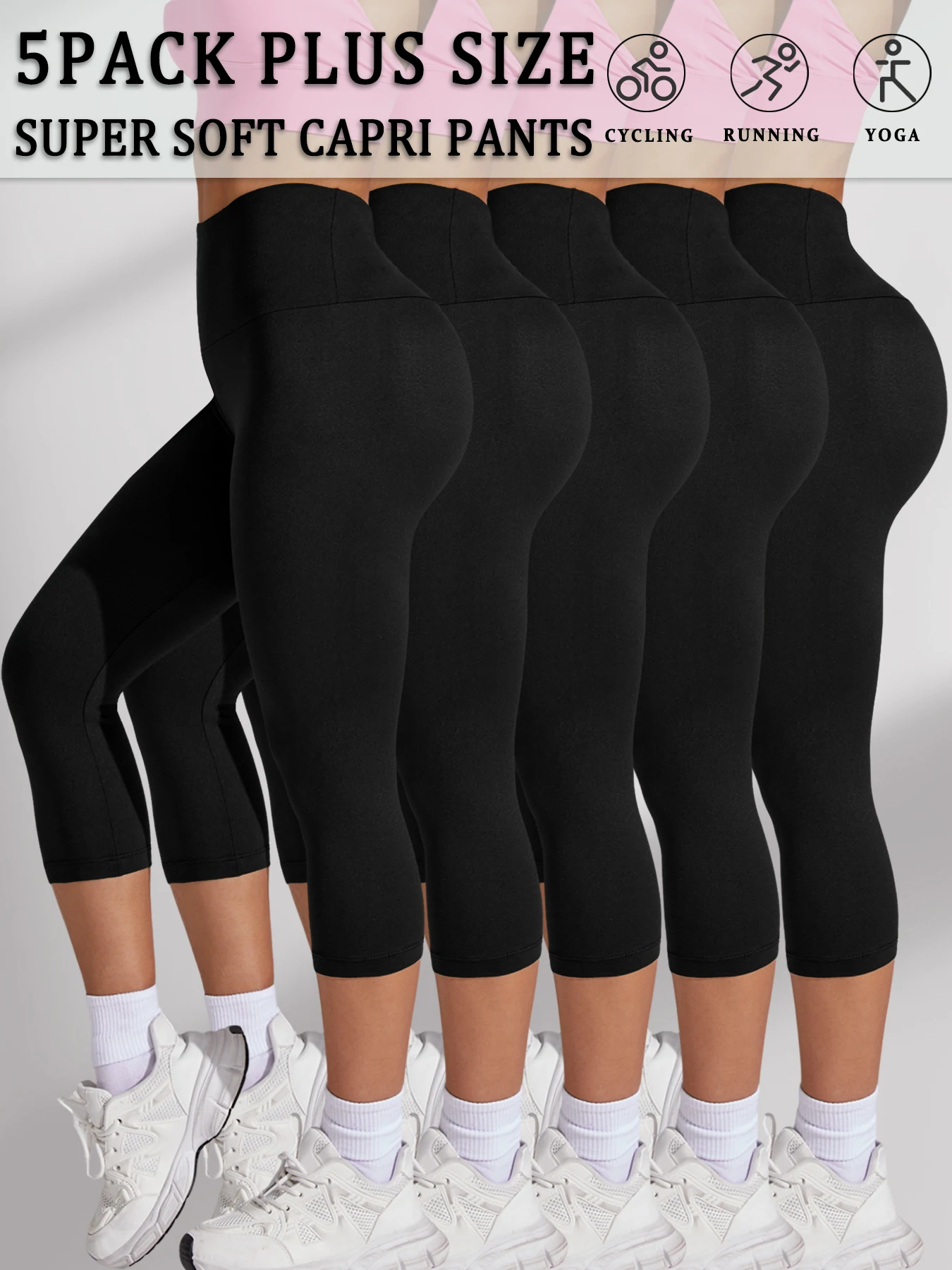 

Plus Size 5 Pack High Waisted capri pants For Women Super Soft Tummy Control No See Workout Running Yoga Athletic Leggings