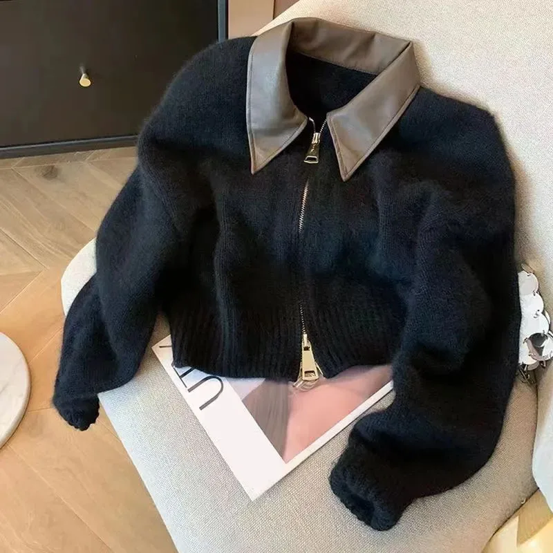 Fashion Zipper Knitted Cardigan Ladies Korean Chic PU Leather Lapel Cropped Sweater Coat Women Lazy Style Solid Jersey Cardigans