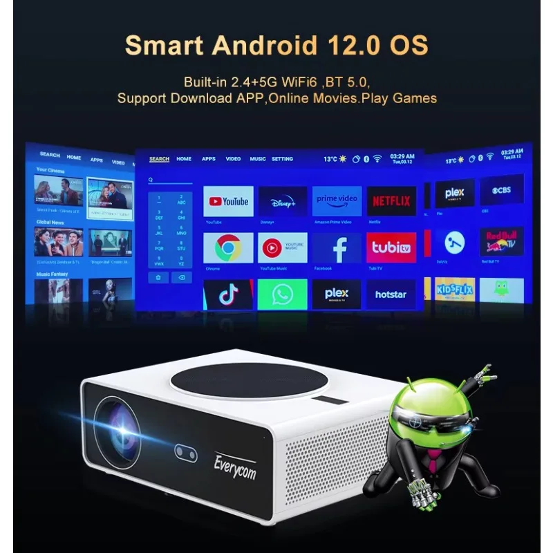 For Q10W Max Android 12 Auto Focus WIFI6 4K 1080P Home Theater Projector With 900 ANSI Lumens & HIFI Stereo Sound