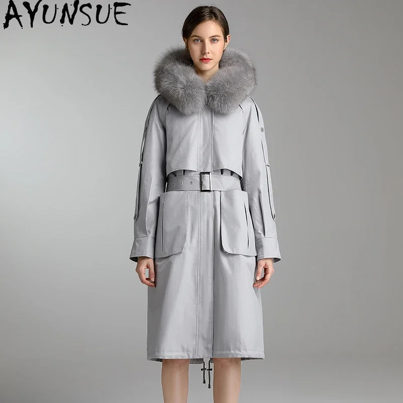 

AYUNSUE Winter Clothes Women Fur Coat 2020 Natural Fox Fur Collar Hooded Rex Rabbit Fur Coat Female Warm Long Woman Parkas 9118