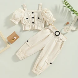 2Pcs Kids Girls Clothes Summer Outfits Ruffle Puff Short Sleeve Cold Shoulder Crop Tops + Cargo Pants with Pocket Belt Set