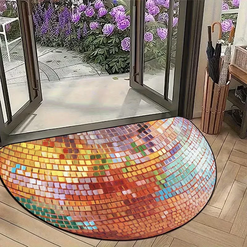 Semi-Circular Welcome Mat with Colorful Disco Ball Pattern,Anti-Slip Washable Door Mat for Bedroom,Living Room,Laundry Room Area