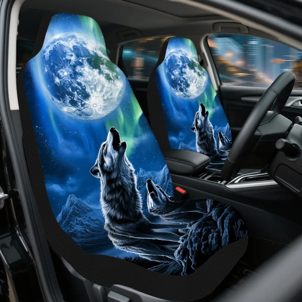 Set Of 2, Featuring Howling Wolves Beneath The Moon, This Universal Car Seat Cover Set Is Stylish, Made From High-Quality Materi