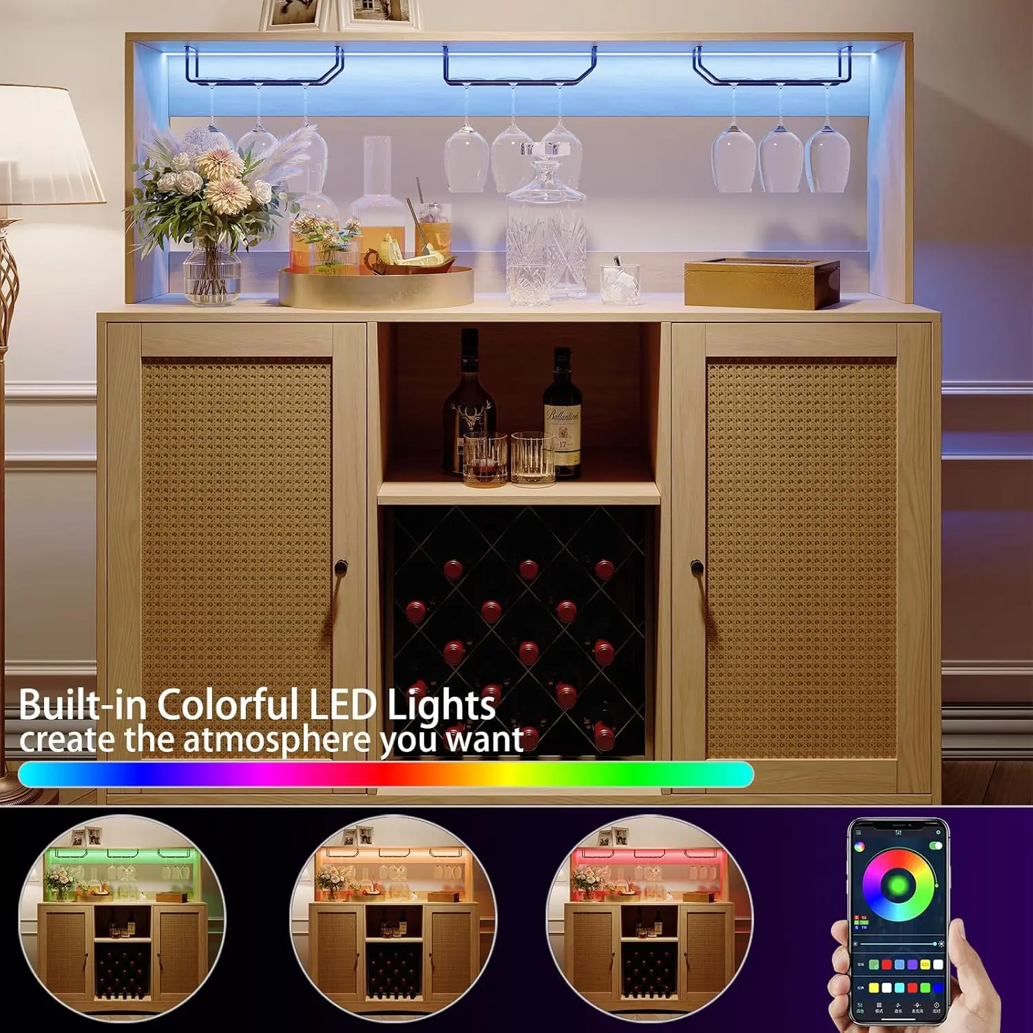 Armoire de bar à vin en rotin avec lumière LED et prises de courant, armoire de bar française autoportante, armoire à café domestique avec vin T1