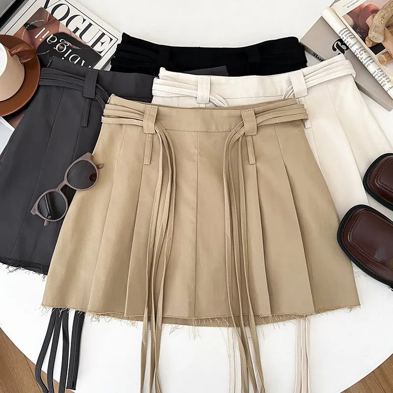 Women's Khaki Tassel Tie Pleated Skirt Y2K Gyaru Vintage Short Skirt Korean Style High Waist A-Line Skirt for Women Summer 2026
