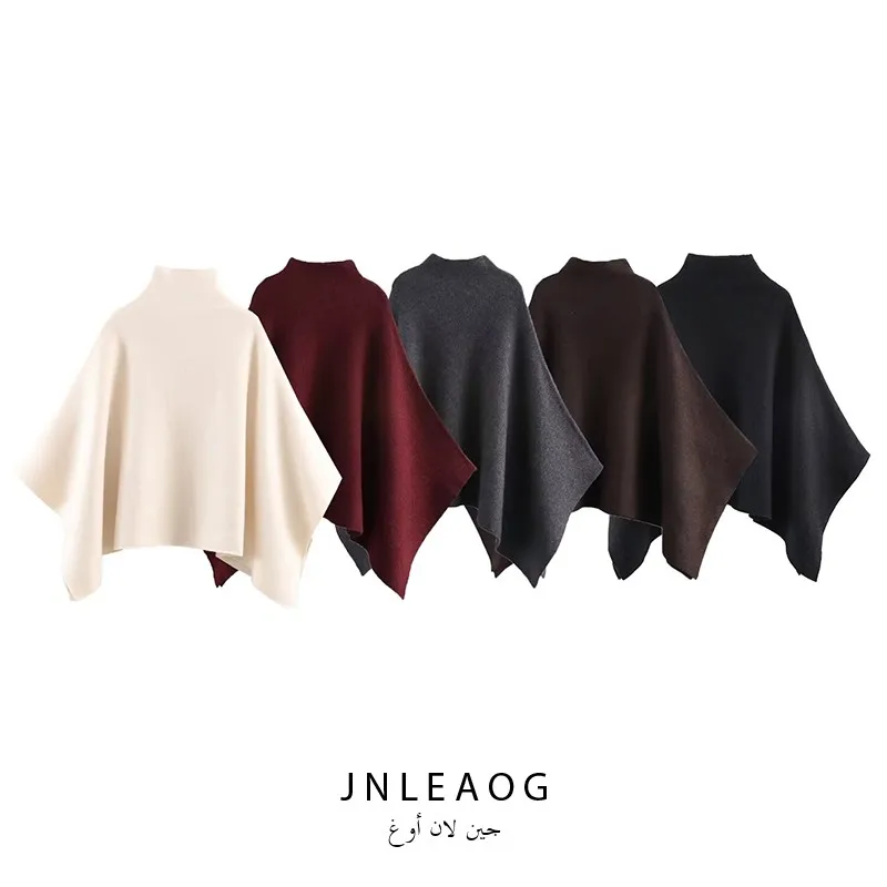JNLEAOG Autumn New Fashion Asymmetric Knitted Cloak Coat Women's Loose Fit Long Sleeve Thermal Polyester Outerwear