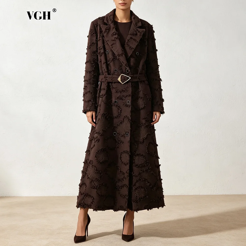 VGH Chic Frayed Floral Jacquard Maxi Long Overcoat for Women Lapel Collar Double Breasted Button With Belt Long Sleeve Outerwear