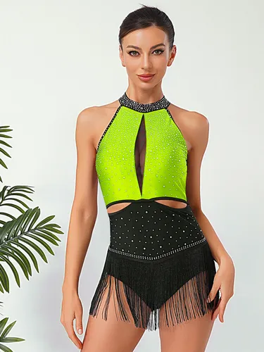 Imagen 1 del producto Leotardo de baile con flecos para mujer, traje con borlas sin mangas y espalda descubierta con diamantes de imitación brillantes para patinaje artístico, Tango, Samba, Jazz latino