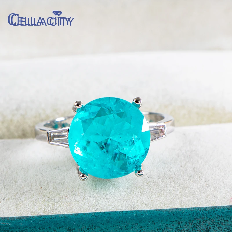 Cellacity Classic 925 sterling silver ring for women with round shape emerald Paraiba gemstone women party fine Jewelry gift