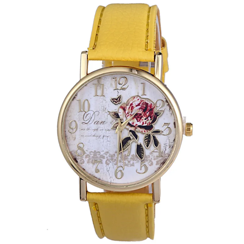 Reloj de pulsera redondo con flor rosa para mujer, relojes elegantes con banda de piel sintética, reloj de pulsera de cuarzo con números árabes, regalo de Navidad para mujer