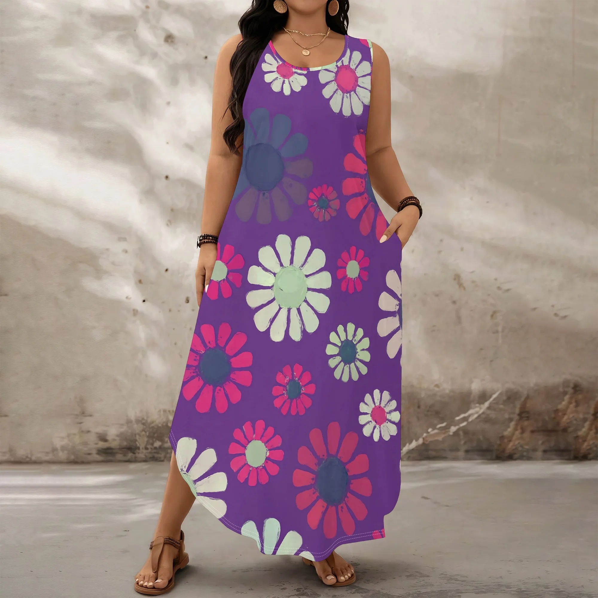 

Plus Size Daisy Print Sleeveless Maxi Dress XL-6XL Casual Loose Fit Summer Sundress for Beach Vacation, Picnic or Brunch
