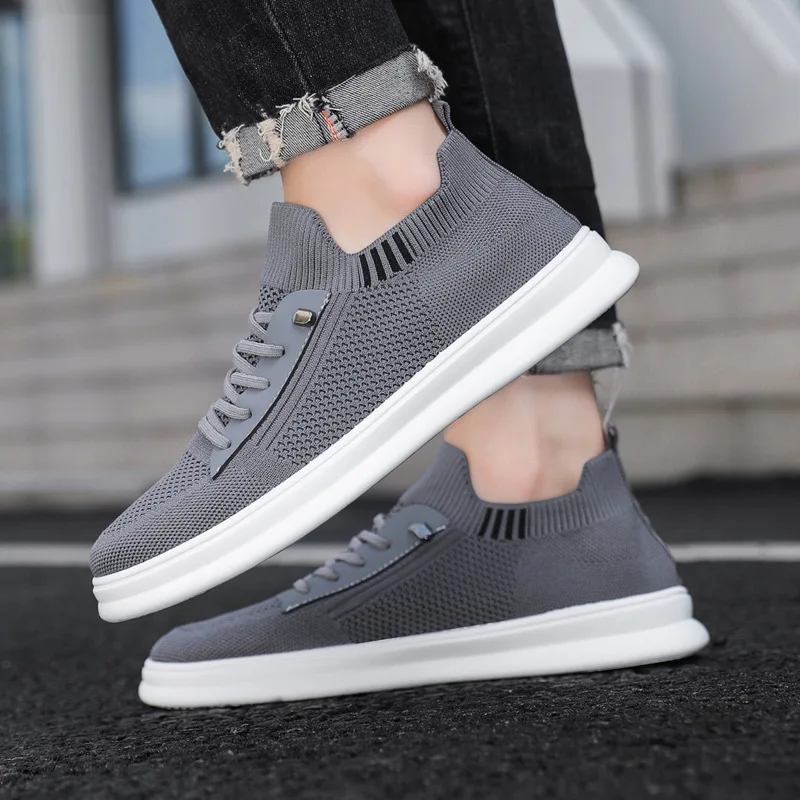 Men's Sock Sneakers Breathable Knit Mesh Upper Lightweight Non-slip White Sole Casual Lace-up Shoes All-Match Comfort Footwear